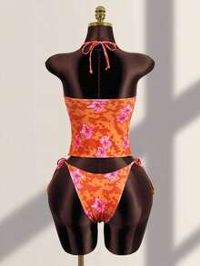 Conjunto de bikini de dos piezas con estampado floral tropical, parte superior tipo bandeau con tirantes atados y detalles de encaje para mujer, ideal para vacaciones de verano y playa - Multicolor - Ver 2