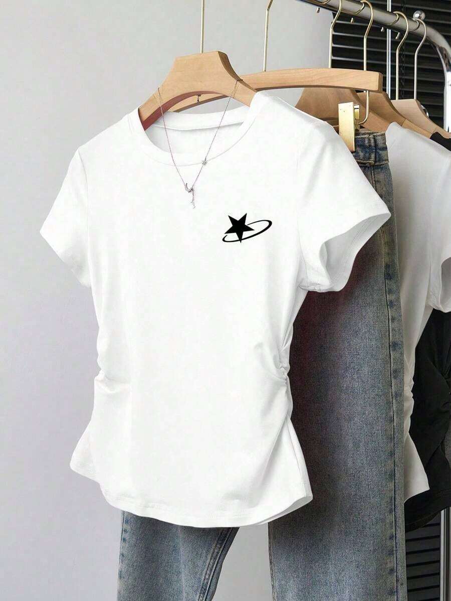 Camiseta casual de mujer para deportes al aire libre, nueva llegada de verano, adecuada para citas, vuelta al colegio, con estampado de rayas y flores, corte regular - Blanco 2 - Ver 1