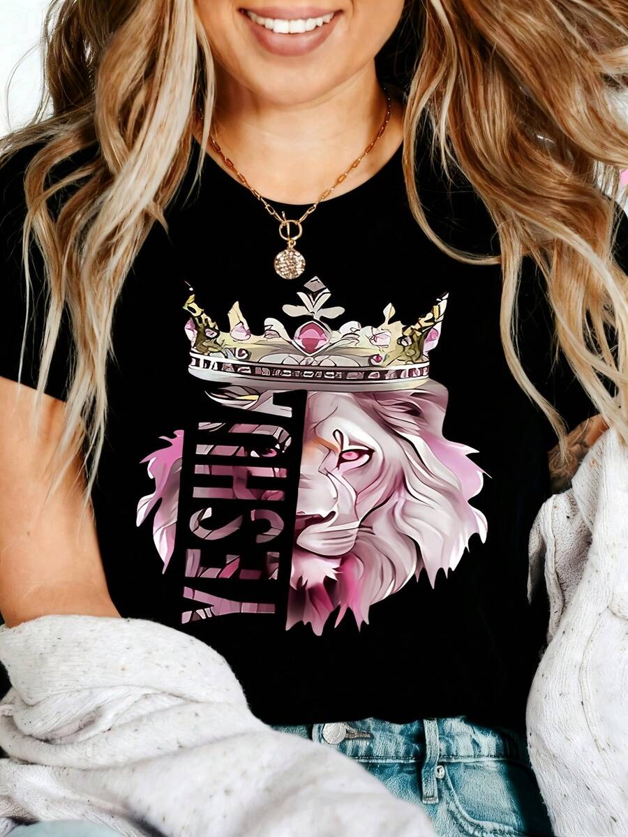 Lion King Crown Graphic T-Shirt, 100% Cotton Oversized Soft Breathable Casual Crewneck Short Sleeve Top, Edgy Aesthetic Streetwear Tee For Women & Animal Lovers