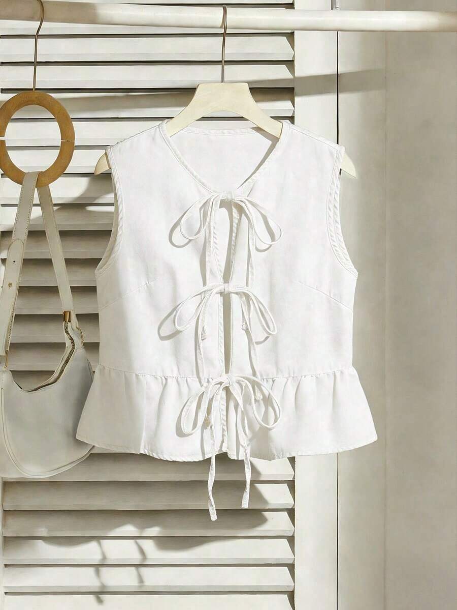 Chaleco casual de mezclilla con lazo, volantes en el bajo, color azul, para mujer - Blanco 2 - Ver 1