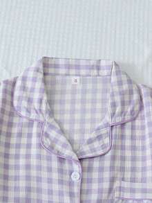 piezas de pijama con pantalón corto, de manga corta y estampado a cuadros para mujeres, ropa de estar por casa de verano - Morado - Ver 3