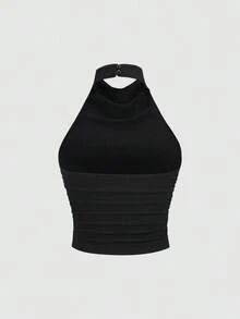 piezas Nuevo top sin espalda elegante y sexy con cuello halter y drapeado, unicolor verde/negro, casual y versátil Y2K - Multicolor 4 - Ver 7