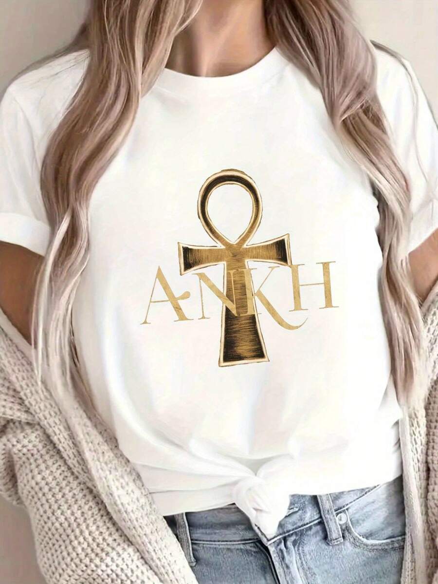 A Short-Sleeved, Round-Neck T-Shirt With A Golden Ankh Symbol Print, Perfect For Spring And Summer Wear, Designed For Women. - White - View 1