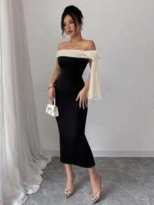 Vestido largo elegante con hombros descubiertos y decoración de lazo - Negro 3 - Ver 3