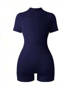 Mono casual de mujer con cremallera frontal, manga corta y cuello alto en unicolor - Azul marino - Ver 2