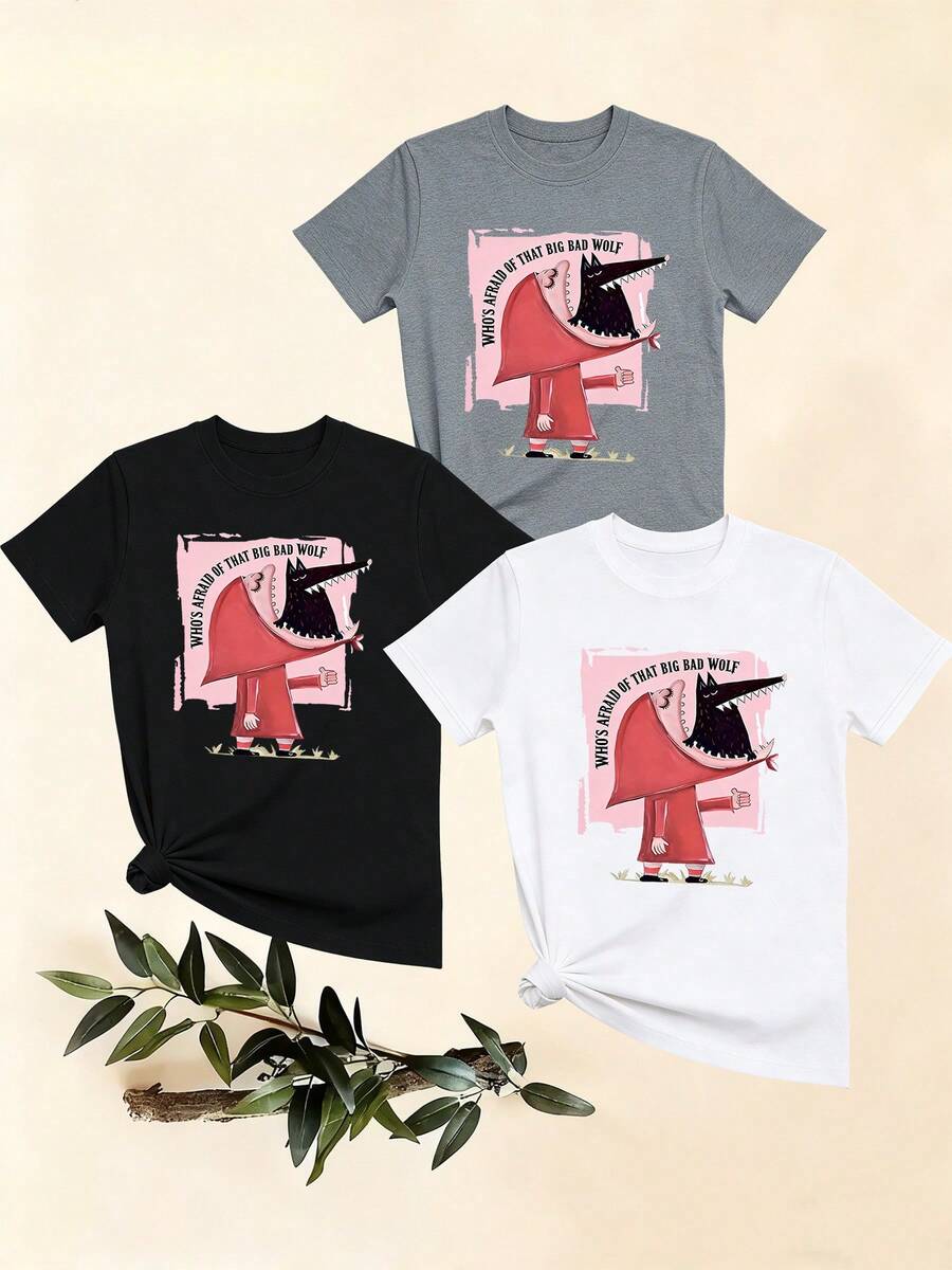 Women's T-Shirts, Women's T-Shirts, Casual One-Piece T-Shirt With Cartoon Print Of Little Red Riding Hood And The Bad Wolf, Fun Print, Loose And Comfortable Top. - 1件黑色隨機圖案 - 查看 1