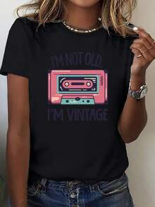Camiseta de cuello redondo con estampado gráfico vintage, top casual de manga corta para primavera y verano, ropa de mujer - Negro - Ver 6