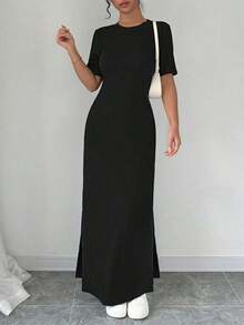Vestido largo de mujer de unicolor con cuello en V, bajo con abertura, manga corta - Vestido maxi de mujer ajustado - Vestido de mujer elegante y clásico de alta calidad - Negro - Ver 5