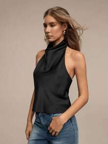 Blusa de mujer de nuevo verano de unicolor y sexy con espalda descubierta y hombros descubiertos, adecuada para citas y fiestas - Negro - Ver 3