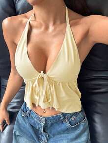 Camiseta sin tirantes asimétrica con cordones y unicolor, verde militar - Amarillo claro - Ver 5