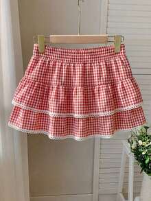 Falda pantalón para mujeres para conciertos campestres, blanca, de tejido, con cintura elástica y volantes en el bajo con silueta evasé - Rojo 2 - Ver 2