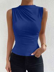 Blusa casual versátil con cuello alto y plisados para mujer - Azul - Ver 7
