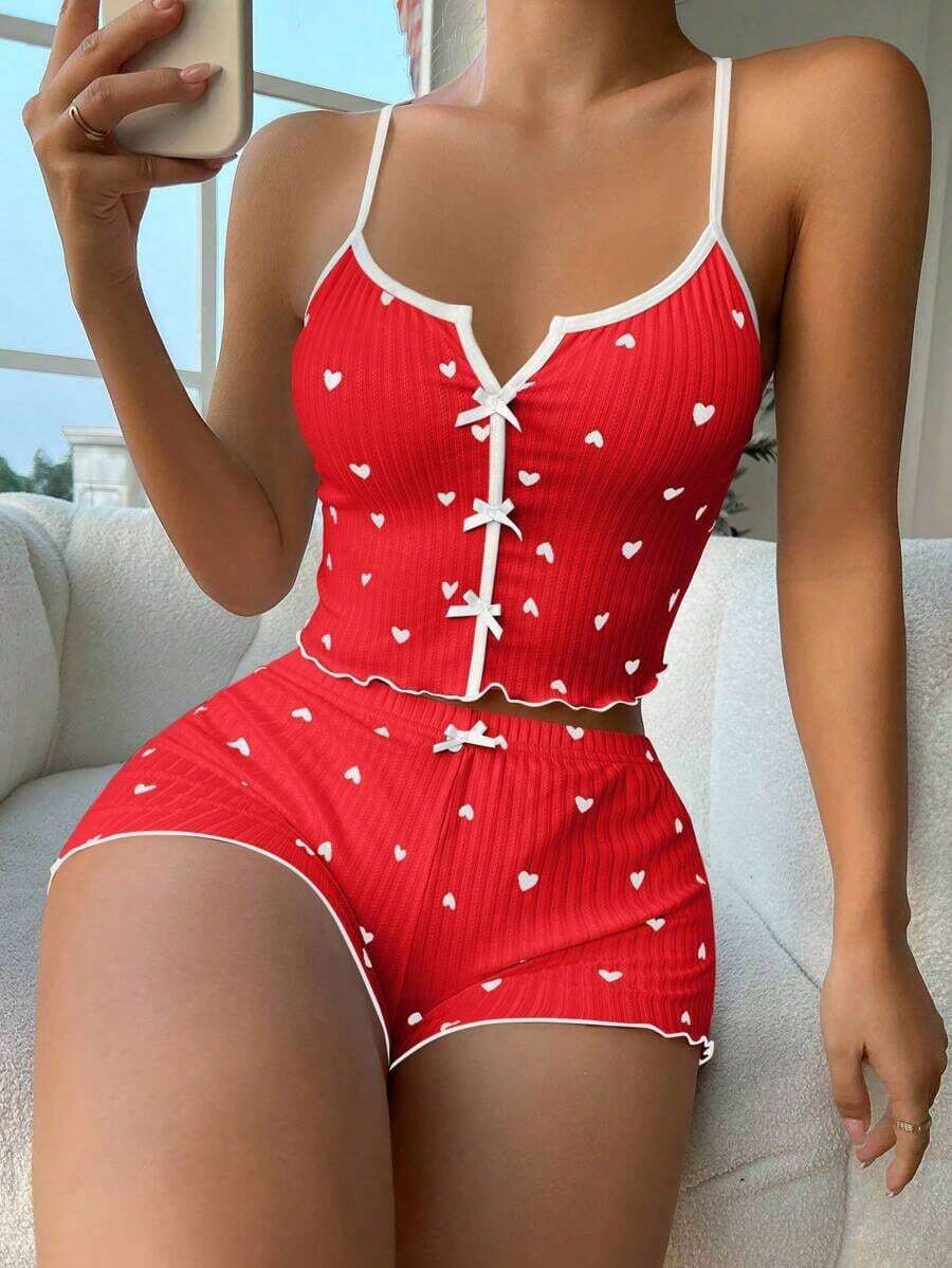 pijama / Pijama con estampado de corazón, ribete contrastante y lazo delantero - Rojo - Ver 1