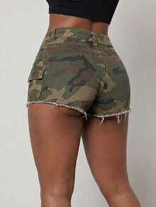 Women's High Waisted Camouflage Cargo Denim Shorts - Summer Utility Denim Shorts Snatched Raw Hem Festival Aesthetic - 軍綠色 - 查看 2