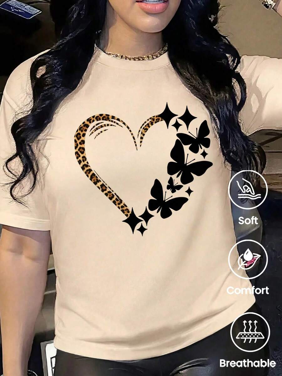 This Relaxed-Fit, Crew-Neck, Short-Sleeved T-Shirt Is Perfect For Summer. It Features A Fun Retro Print Of Leopard Print, Hearts, And Butterflies. Ideal For Vacations, The Office, Outings, Everyday Wear, Dates, Parties, Meetings, And For A Casual Urban Look. A Versatile Piece With A Casual And Sporty Style, It Also Makes A Great Gift For Various Occasions. - 杏色 - 查看 1