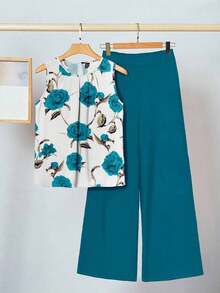 2 piezas Conjunto de mujer con estampado floral verde, adecuado para el verano - Verde - Ver 5