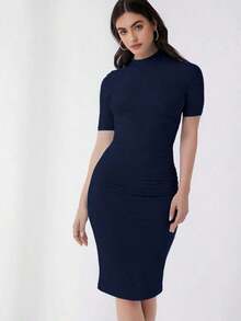 Vestido ajustado unicolor de cuello alto - Azul marino - Ver 5