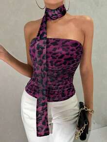 Top corto bandeaux con cuello de lazo y plisado con estampado de leopardo elegante de verano para mujer, para uso casual y festivales de música - Rojo violeta - Ver 4