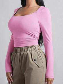 Camiseta crop de cuello cuadrado fruncido lateral - Rosa - Ver 3