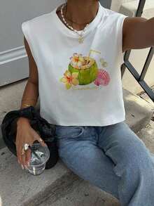 Top sin mangas casual y minimalista para mujer con estampado de cóctel - Estilo deportivo versátil para vacaciones de primavera, boda en una isla tropical, aniversario, fiesta de damas de honor, cita nocturna, invitada de boda, despedida de soltera, festival de música bohemio y uso elegante de verano - Blanco 2 - Ver 5