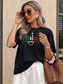 Women's Casual T-Shirt "Mexico Hearts" - Black With Letters And Hearts In Patriotic Colors - 黑色 - 查看 2