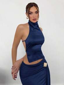 Top de satén sin espalda con cuello alto para mujer, ideal para fiestas - Azul marino - Ver 5