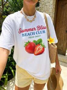 Mångsidig. 1pack. 100 % bomull. Dam Y2K estetisk överdimensionerad nedsänkt t-shirt, Summer Bliss Beach Club jordgubbsbokstävertryck kortärmad t-shirt, 90-tals retro akvarell fruktgrafik streetwear, avslappnad lös passform semestertopp, trendig Y2K Core-outfit, sommar casual utetoppar, perfekt för vardagsbruk, tillbaka till skolan, dejt, strandsemester, kustresa, resor, musikfestival, rave, fest, gatustil, klubb, het tjej sommaressensiell, plus size-vänlig casual t-shirt, dammodekläder. Moda Corte - Vitt - Visa 1