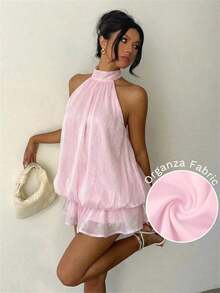 Vestido mini elegante de mujer con estampado de lunares y escote halter sin espalda - Rosa Pálido - Ver 10
