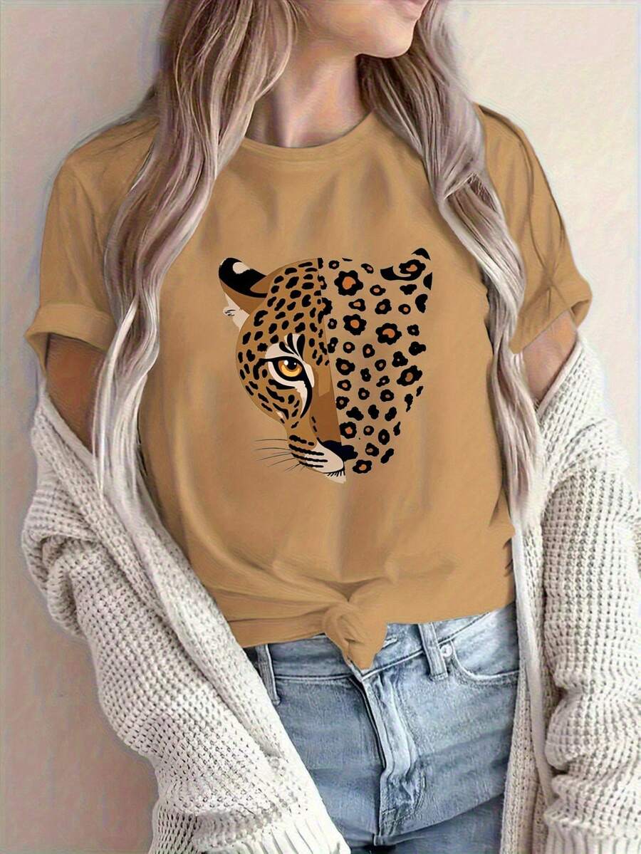 Women's Leopard Print Crew Neck T-Shirt - Casual Short Sleeve Blouse With Wild Animal Design For Summer And Casual Outfits, Comfortable And Machine Washable, Ideal For All Seasons - 卡其色 - 查看 1