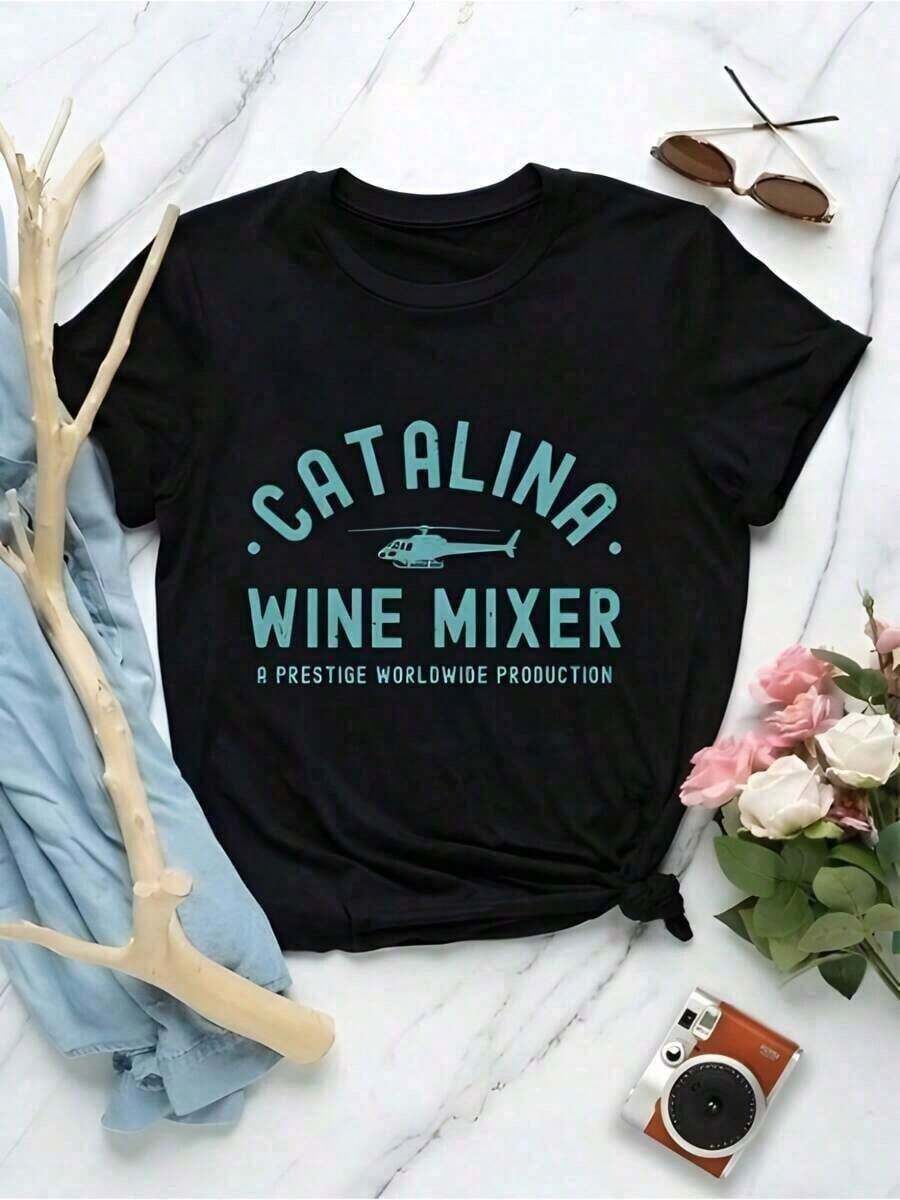 1 Piece Of Black Catalina Wine Mixer Themed T-Shirt, Graphic, Fun, Comfortable And Versatile, Letter Print T-Shirt, Unisex Style, Short Sleeve For Men And Women, Oversized Print, New Casual Collared T-Shirt, Breathable, For Daily Wear, Summer 2026 For Women, Graphic T-Shirts 2026 For Women, 180g 100% Cotton. - 黑色 - 查看 1