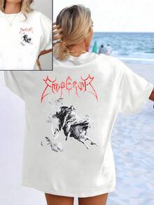 Mystical Figure Of A Rider Shrouded In Shadows, Riding Among White Clouds, Evoking Strength, Freedom, And Eternal Movement. Women's T-Shirt With Double Modern Art Print - 白色 - 查看 8