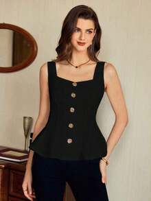 Blusa de mujer vintage, elegante y clásica, con cierre de botones metálicos con forma de flor, blusa sin mangas blanca, para primavera/verano - Negro - Ver 7