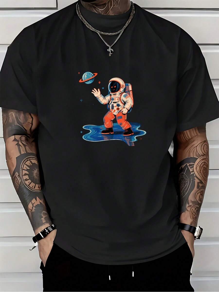 Camiseta de hombre con estampado de astronauta 180g - Regalo perfecto para familiares, amigos y colegas, ideal para vacaciones y uso casual diario, suave y cómoda para el verano. - Negro - Ver 1