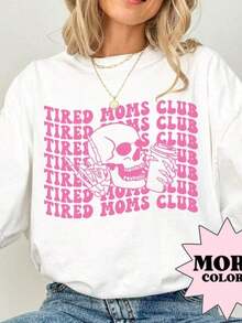 Tired Moms Club T-Shirt, Mom T-Shirt, Mother's Day T-Shirt, Funny Mom T-Shirt, Gift For Mom, Skeleton And Coffee Print T-Shirt, Classic Thick Cotton Short Sleeve T-Shirt, Casual Short Sleeve T-Shirt For Women - 白色 - 查看 7