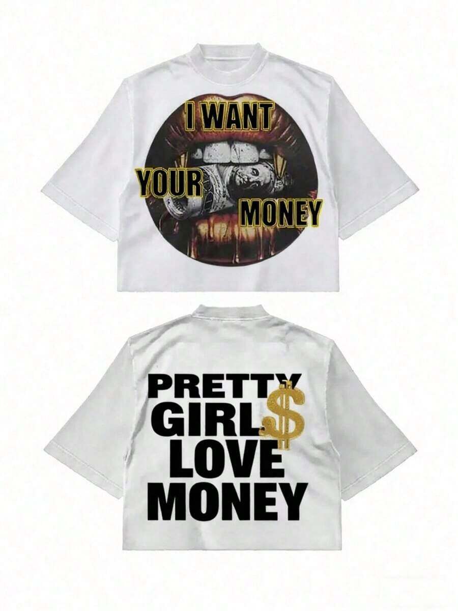 Fly "I Want Your Money" Hip-Hop Style T-Shirt, 100% Cotton, Double-Sided Print, Suitable For Men And Women, The Best Gift For Summer, Casual Short Sleeve T-Shirt - Premium Cotton T-Shirts With Graphic Print And Round Neck - Unisex Loose Fit T-Shirt, Comfortable, Urban Vintage Style. - 白色 - 查看 1