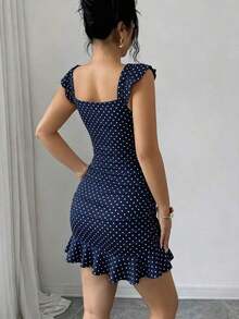 Vestido camisero con volantes en el hombro y bajo con estampado floral vintage, vestido mini entallado de línea A para el verano, vestido camisero floral elegante y sexy al estilo francés con espalda descubierta, vestido ajustado con cintura ceñi - Azul marino - Ver 2