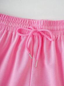 3 piezas Pantalones cortos deportivos casuales de cintura elástica y cordón de unicolor - Rosa - Ver 7