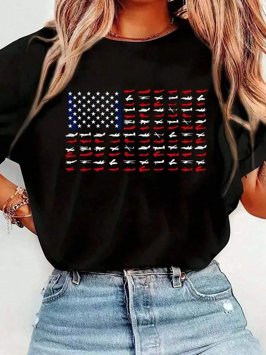 100% Cotton US Flag Print Airplane T-Shirt - Casual Short Sleeve Crew Neck T-Shirt For Airline Pilots, Aviation And Airplane Lovers, Women's Spring And Summer Clothing - 黑色 - 查看 1