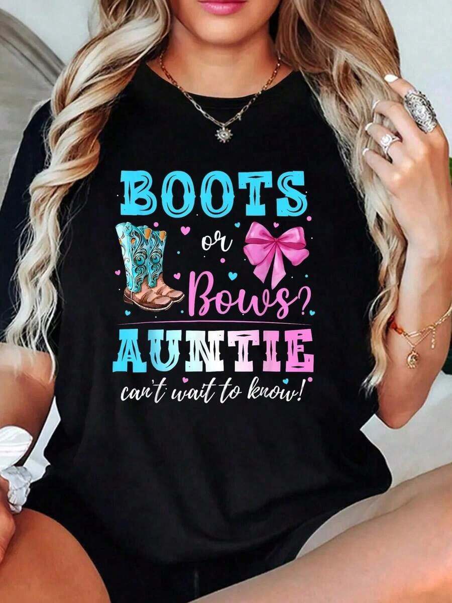 100% Cotton Women's T-Shirts And Clothing Sets With The Phrase "Boots Or Bows: Gender Reveal Announcement, Aunt Or Cousin" For Gender Reveal Parties - 黑色 - 查看 1