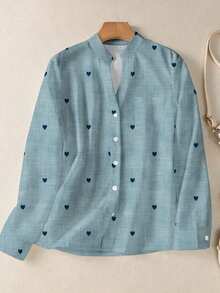 Camisa de mujer de manga larga con botones y bolsillos, con estampado romántico de corazones, adecuada para otoño, invierno y primavera - Azul marino - Ver 3