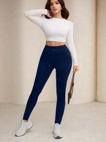 Leggings de cintura alta de unicolor cómodos y casuales para mujer - Azul marino - Ver 5