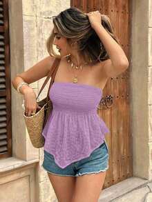 Frenchy Top asimétrico sin tirantes de tejido texturizado de color liso, adecuado para vacaciones de verano - Púrpura malva - Ver 1