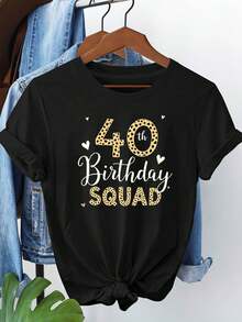Women's Spring/Summer T-Shirt With A Leopard Print And Color Block Design, Perfect For A 40th Birthday Party Or A 40th Birthday Team. Ideal For Beauty Studios, Outings With Beauty Bloggers, Beauty Sessions With Friends, Everyday Expression Of Hobbies And Style, And A Short-Sleeved T-Shirt For Everyday Urban Style. A Stylish Party Outfit, A T-Shirt For Elegant Ladies, A Blouse Suitable For Curvy Women, Casual Wear, Cool And Breathable Summer Clothing, And A Fun Letter Print. - 黑色 - 查看 6