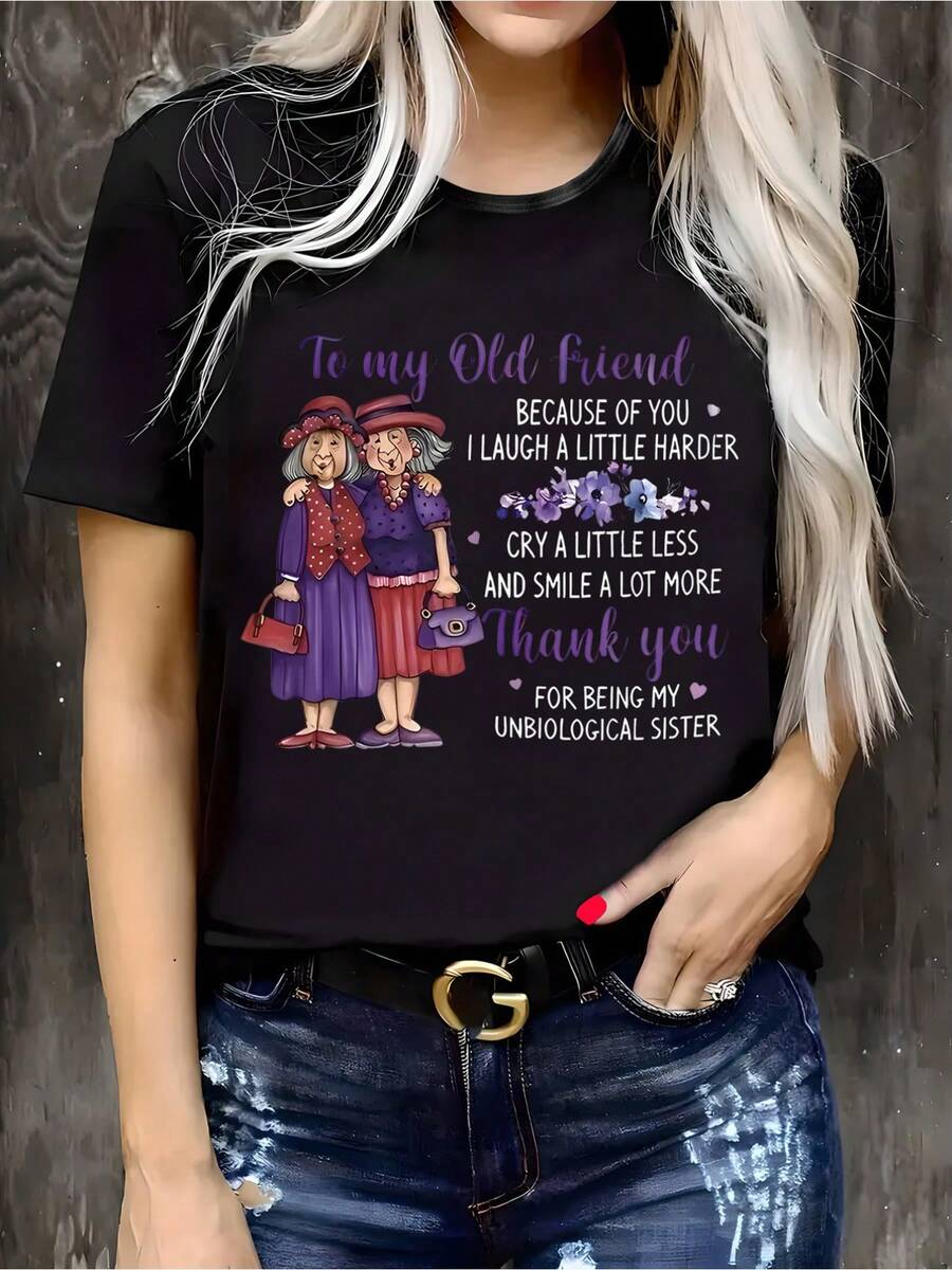 Soft And Fun Women's T-Shirt With Friendship Design - "To An Old Friend" Message And Sister Pattern - Soft Casual Style For Everyday Wear - Best Friend Birthday Gift - Black Base With Red And Purple Color Block Design - Suitable For Spring, Autumn And Summer - Fun And Fashionable Printed T-Shirt - Comfortable Fit, Stylish Blouses For Women. - 黑色 - 查看 1