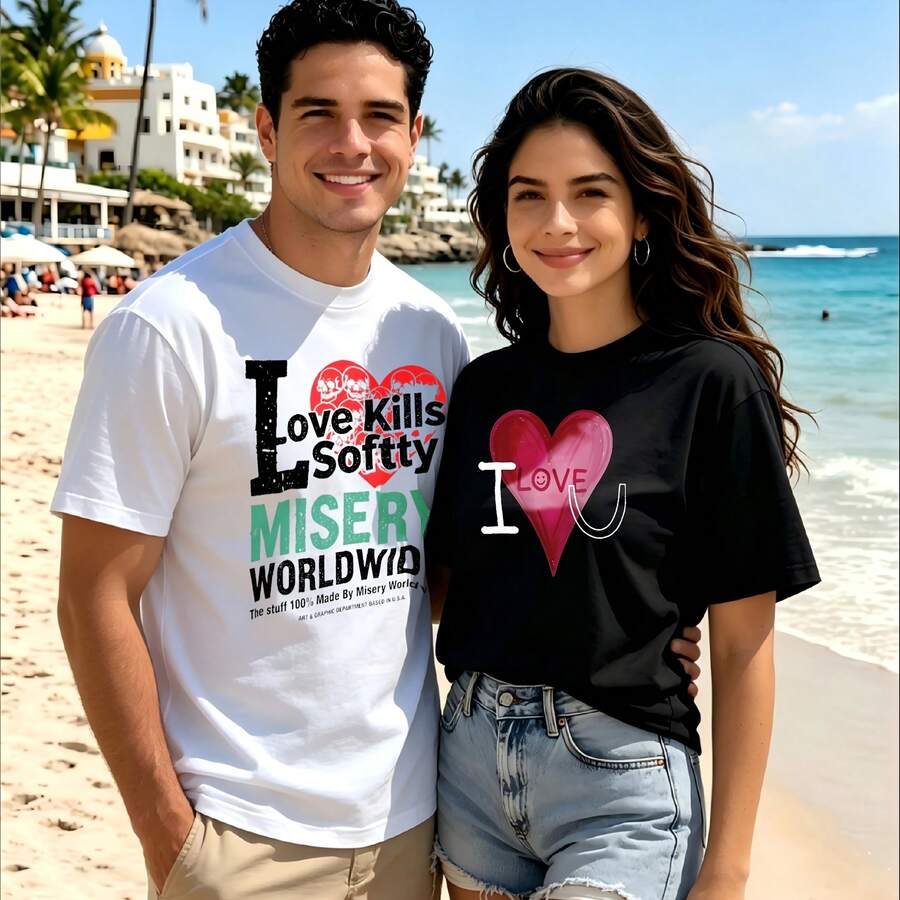 2-Piece Couple Matching Pattern T-Shirt, 100% Cotton, Loose Fit, Soft And Breathable, Casual Round Neck Short Sleeved Top Love Kills Softly Misery Worldwid I Love You Heart Versatile Patterns No Picky Combinations Coordinated Dating Casual Travel Simple And Cartoonish Printing Styles High - 白色 - 查看 1