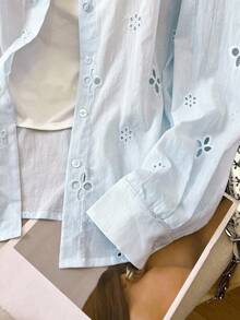 Camisa casual de mujer de manga larga con bordado calado y abotonadura sencilla - Azul - Ver 5