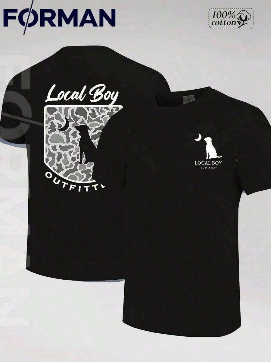 Camiseta Gráfica de Algodón para Hombre, Estampado de Doble Cara, Estilo Casual de Manga Corta, Ideal como Regalo para el Día del Padre, Ropa Masculina Estilo Urbano, de Local Boy Outfitter Dog Moon Camo KZUF - Negro - Ver 1