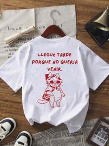Short-Sleeved T-Shirt With Round Neck,  Minimalist Summer Cat Letter Print In Apricot Color, Versatile Casual Wear For Women (Retro Style, Fresh Style, Sweet Style, Unisex) - White - View 2