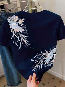 Camiseta de manga corta casual con estampado floral, versátil para el verano - Multicolor 5 - Ver 2