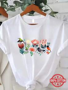 Todas las Flores de Protea y Aves con Acentos Brillantes y Vibrantes, Camiseta de Mujer de Cuello Redondo y Manga Corta Versátil - Blanco - Ver 1